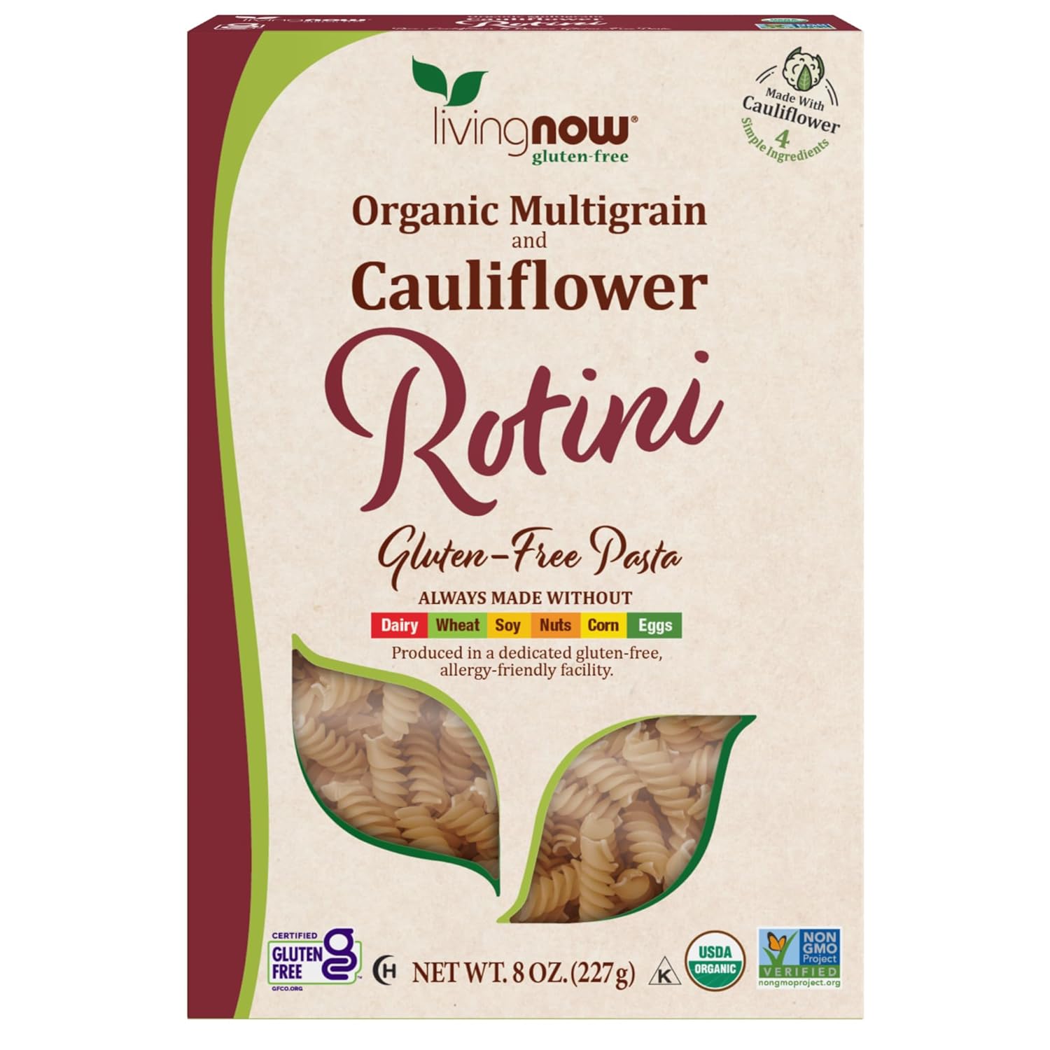 NOW, Living Natural Foods, Organic Multigrain and Cauliflower Rotini Gluten Free Pasta, Made Without Dairy, Wheat, Soy, Nuts, Corn or Eggs, 8 oz