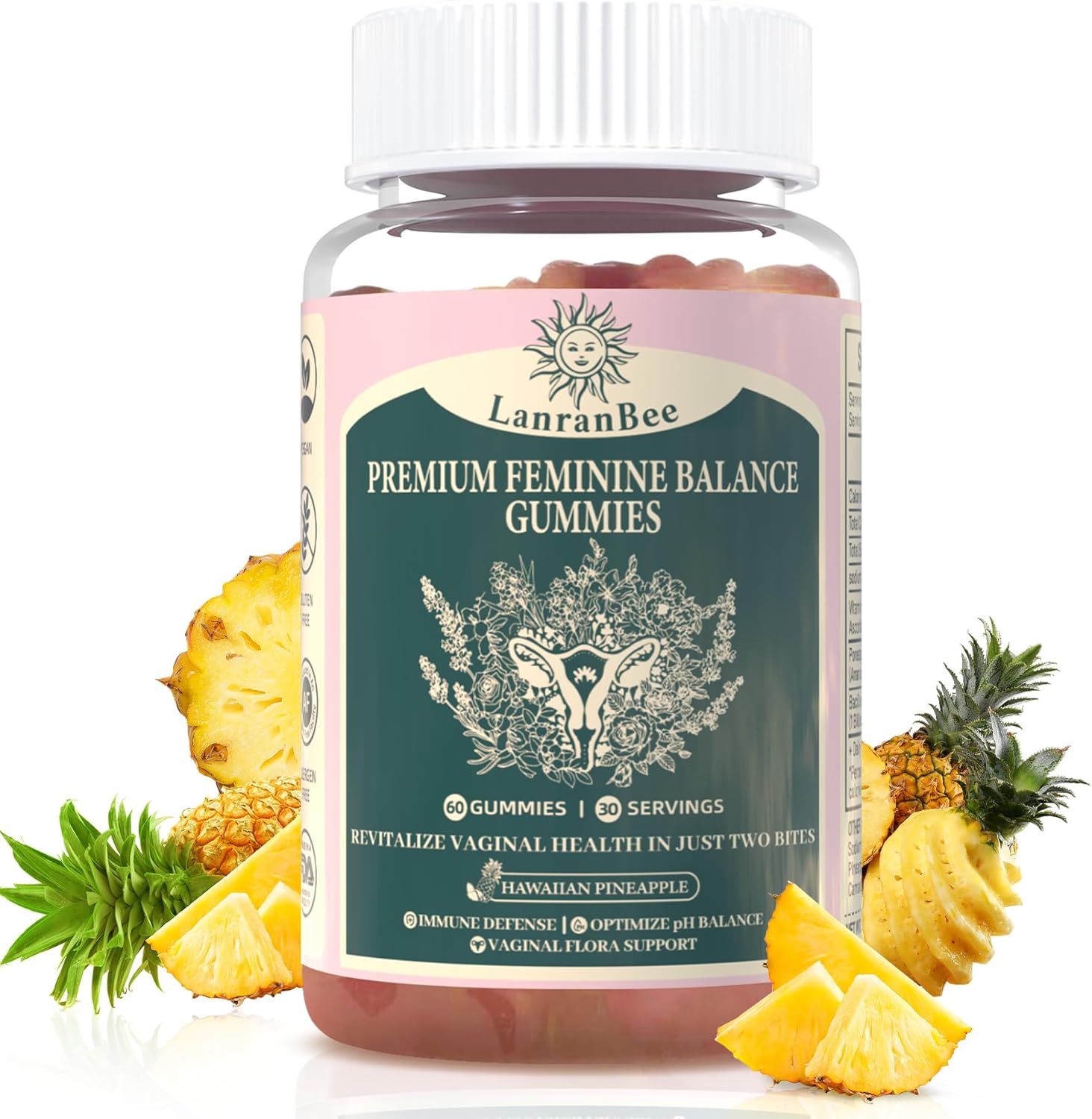 Premium Feminine Balance Gummies - for Women’s Health & Wellness - Immune Support - Vegan, Gluten-Free & Halal - Hawaiian Pineapple - 60 Gummies - 30 Servings (1)