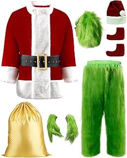 Green Christmas Costume for Men Halloween Costumes Adult Santa Costume with Mask 8PCS Deluxe Funny Cosplay Outfit