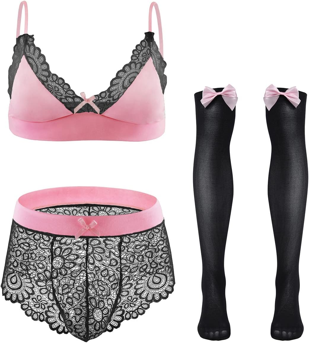 ABAFIP Men’s Crossdress Lingerie Bra Panties Stocking set