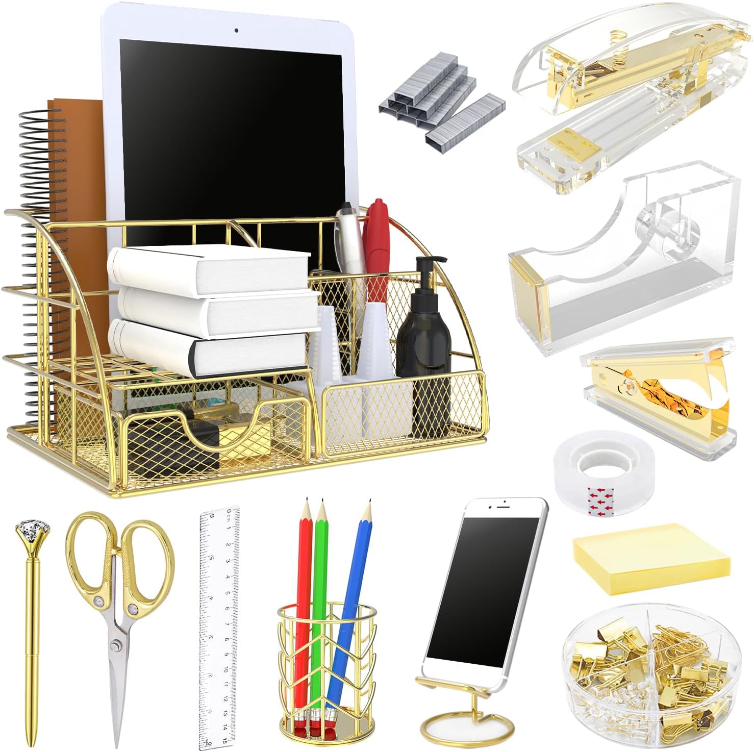 Office Desk Organizers, Rose Gold 13PCS Office Supplies and Accessories Desk organizer, Acrylic Stapler, Staple Remover, Clips, Scissor, Phone Holder, Pen, Pen Holder, Tape Dispenser