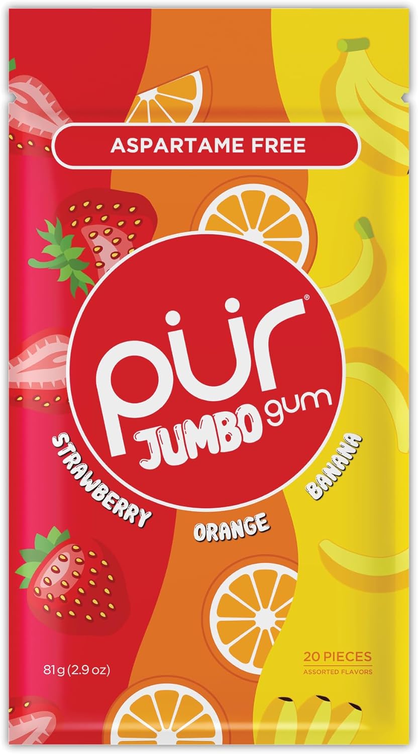 PUR Jumbo Gum | Aspartame Free Chewing Gum | Made with Xylitol | Natural Strawberry, Banana, Orange Flavour, 20 Pieces (Pack of 1)