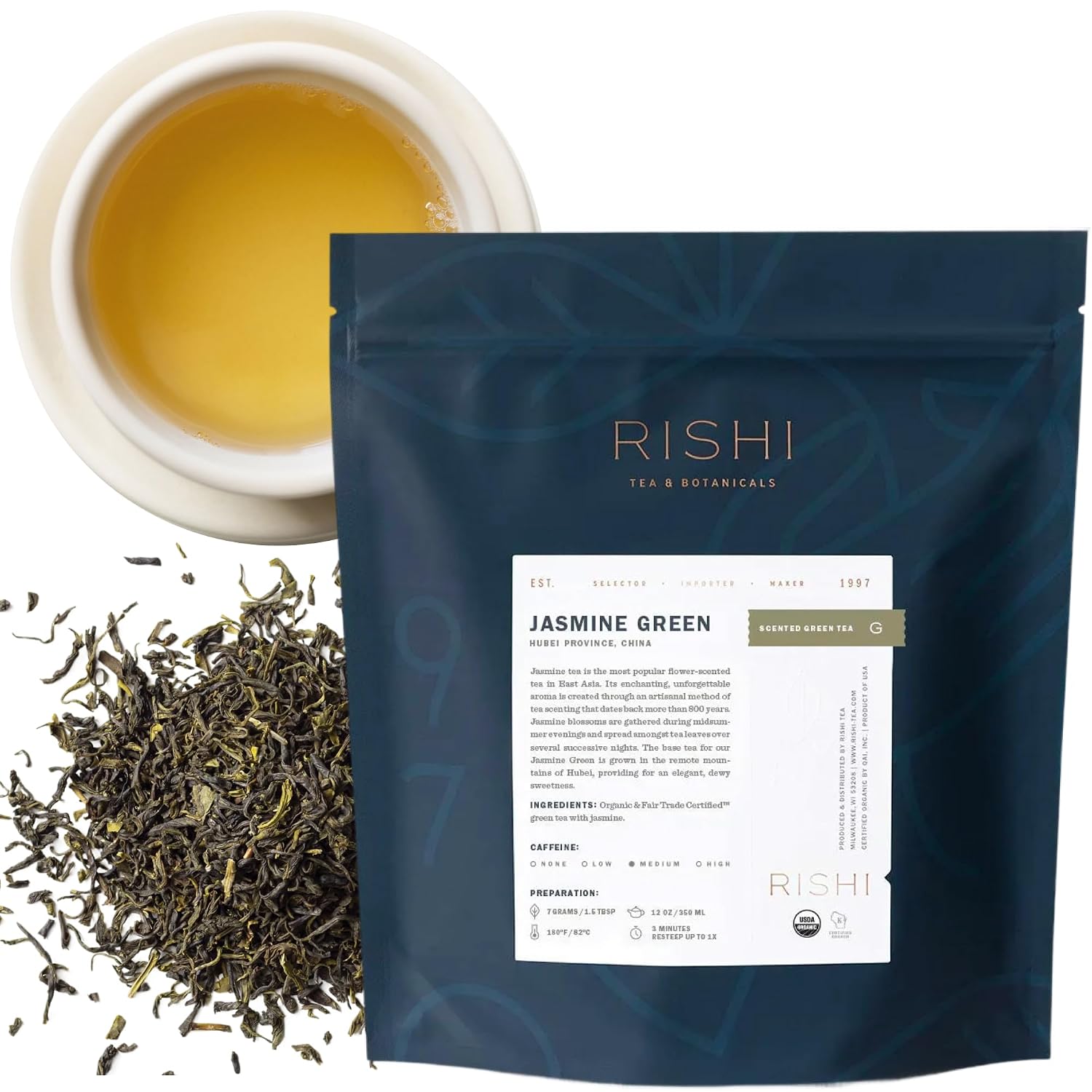 Rishi Tea Jasmine Organic Chinese Green Loose Leaf Tea, Caffeinated, 1lb | Floral Aroma and Taste, Jasmine Flower, Calm, Sustainable, 64+ Servings