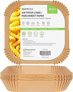 Restaurantware-Pastry Tek 8.1 x 8.1 x 1.8 Inch Air Fryer Liners, 100 Square Air Fryer Baskets - No-Stick Silicone Coating, Unbleached, Food-Grade Paper Liners, For Steamer, Microwave, Oven, Fry Pan