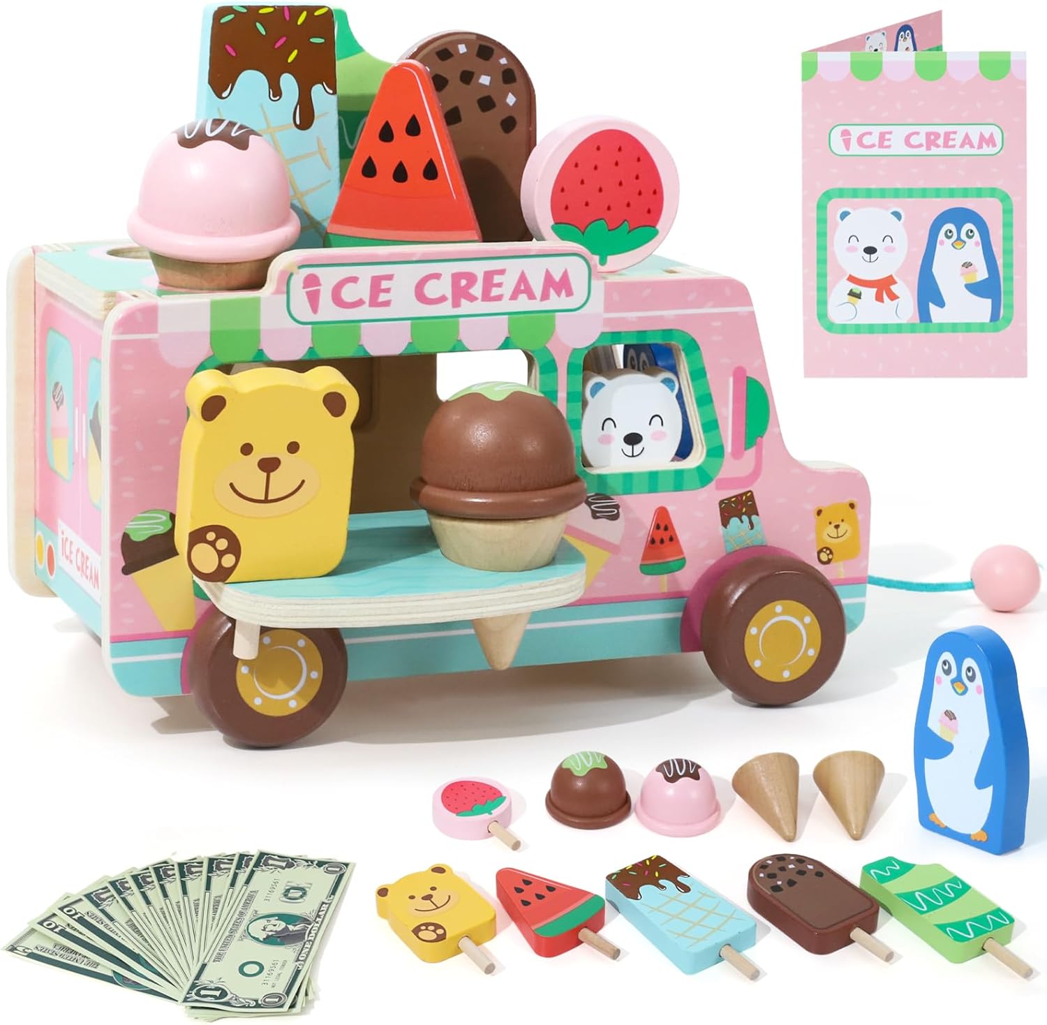 XIAPIA Wooden Ice Cream Toys for Kids, Wooden Ice Creams Cart Car Role Play Toys, Ice Cream Shop Play Food Set for Children Kitchen for 3 4 5 Year Old Girls Boys Gifts