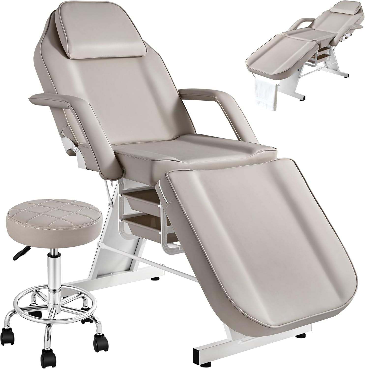 Tattoo Facial Chair for Client, Multipurpose Tattoo Chair Bed, Adjustable Beauty Spa & Salon Equipment for Tattoo Shop Furniture, with Rolling Stool & Removable Armrest, Grey