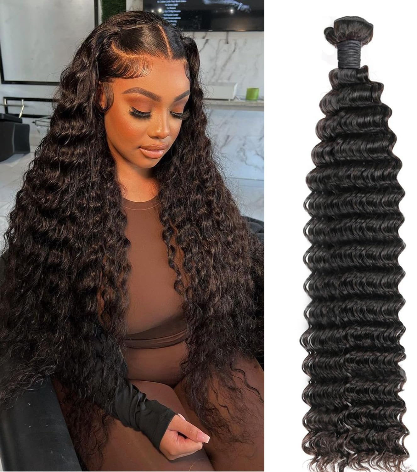 Deep Wave Human Hair Bundles 12A Brazilian Virgin Curly Bundles Human Hair 100% Unprocessed Vingin Hair Curly Weave Bundles (Deep Wave 1B, 10inch)