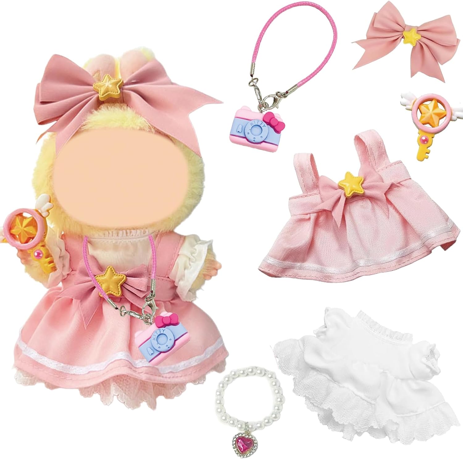 6 Pcs Doll Clothes for Labubu, 17cm Dolls Clothes, Pink Cherry Doll Dress Accessories Sets Include 1 Blouse 1 Strap skirt 1 Bow Hair 1 Magic Wand 1 Necklace 1 Pendant, Best Gifts for Girl (No Doll)