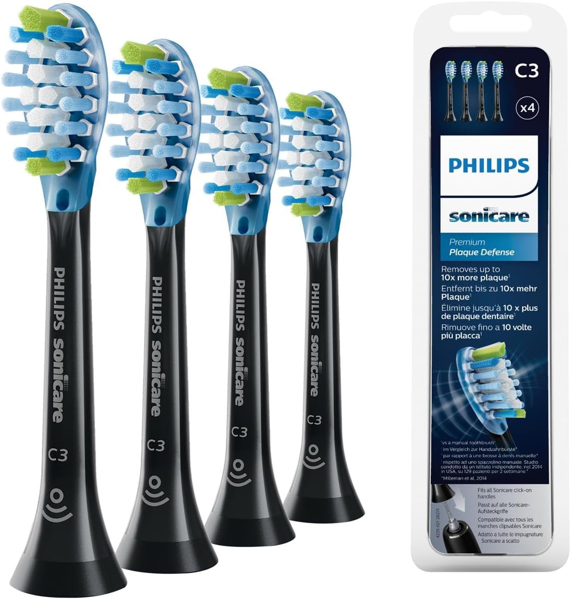 Philips Sonicare Original C3 Premium Plaque Defence Standard Sonic Toothbrush Heads - 4 Pack in Black (Model HX9044/33) (Packing May Vary)