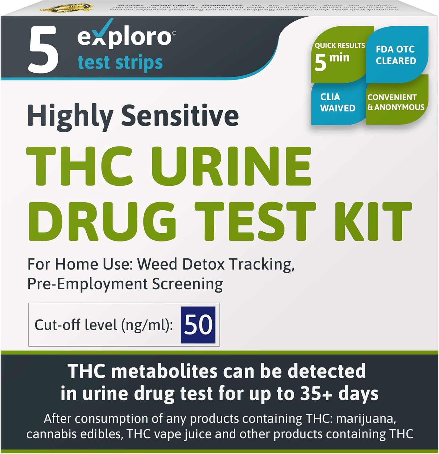 Exploro Highly Sensitive at Home Marijuana Drug Test Kit, THC Drug Test Kit Marijuana/Weed, THC Drug Test Urine, Easy Home Drug Test Marijuana/THC Substance Abuse, 5 THC Test Strips + Cups, 50 ng/ml