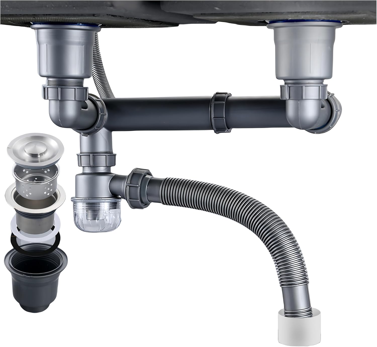 Double Sink Drain Kit Space Saving Kitchen Sink Drain Kit Expandable Flexible 1 1/2" P-Trap Pipe 3-1/2 Inch Sink Drain Assembly Kit with 4-Way Fitting Adapter for Dishwasher