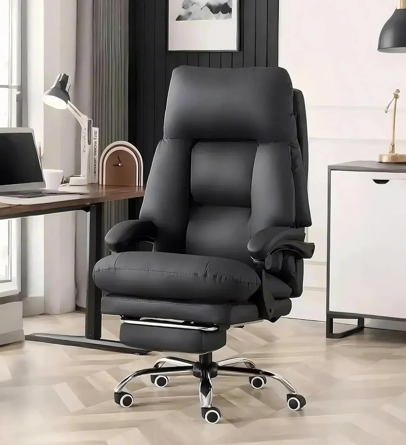 Home Office Desk Chair, 90°-160° Reclining, High Back Executive OfficeChair 450LBS with Footrest, Ergonomic Scratch-Resistant Faux Leather Computer Gaming Chair with Lumbar Support, Black