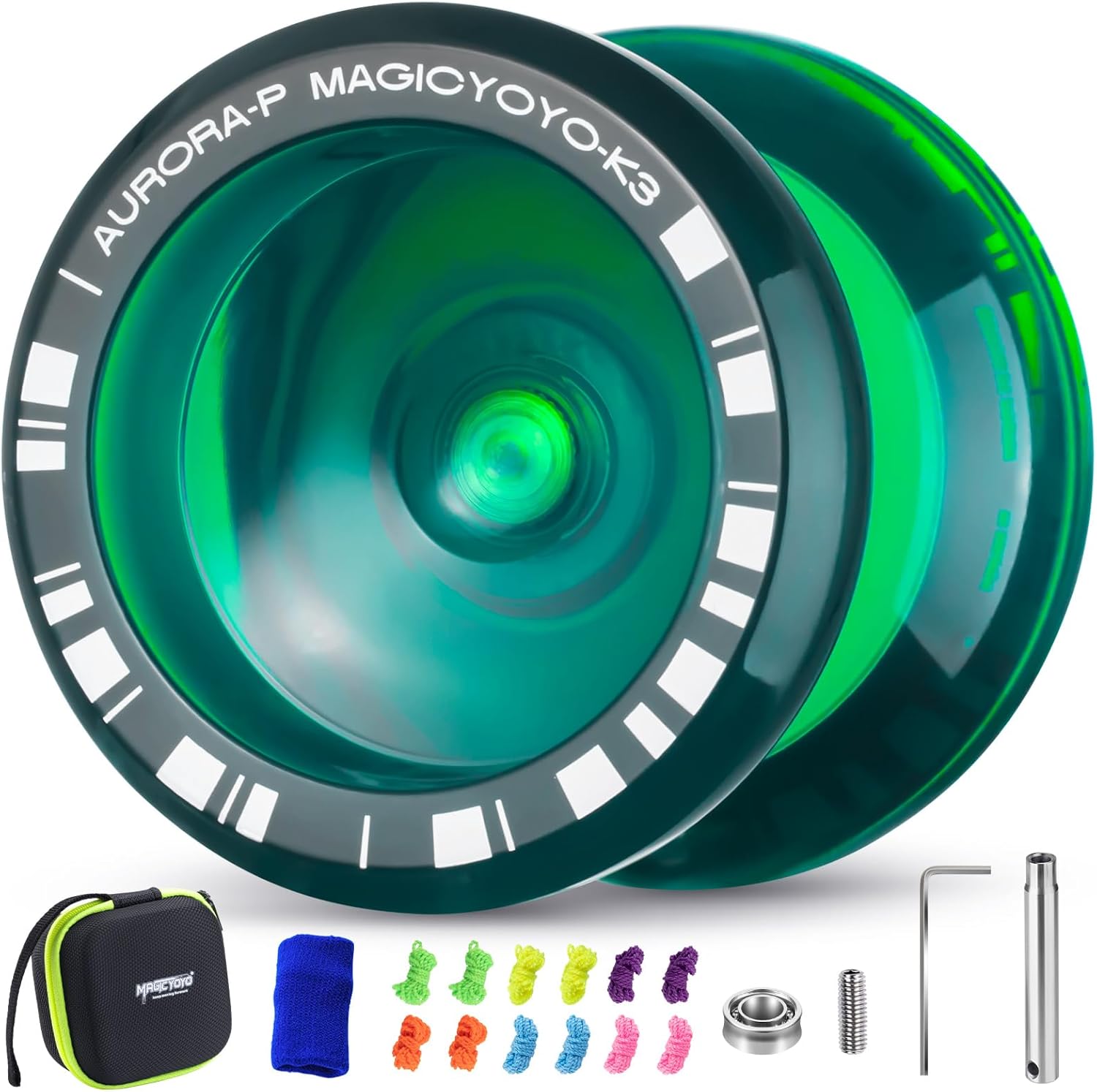 MAGICYOYO K3 Aurora-p, 2 in 1 - Responsive and Unresponsive Yoyo for Kids, Finger Spin Trick Yoyo for Beginners, Plastic Magic Yo Yo for Boys/Girls, with 12 Strings, Accessory Kit (Dark Green)