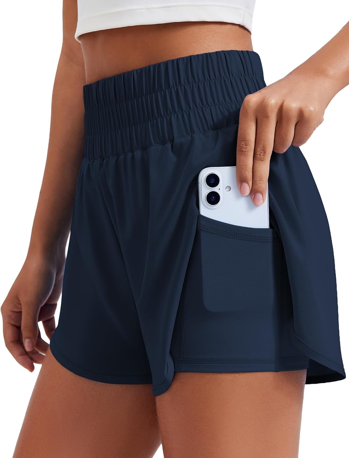 PINSPARK Women's 2 in 1 Running Shorts High-Split Athletic 3" Liner Short