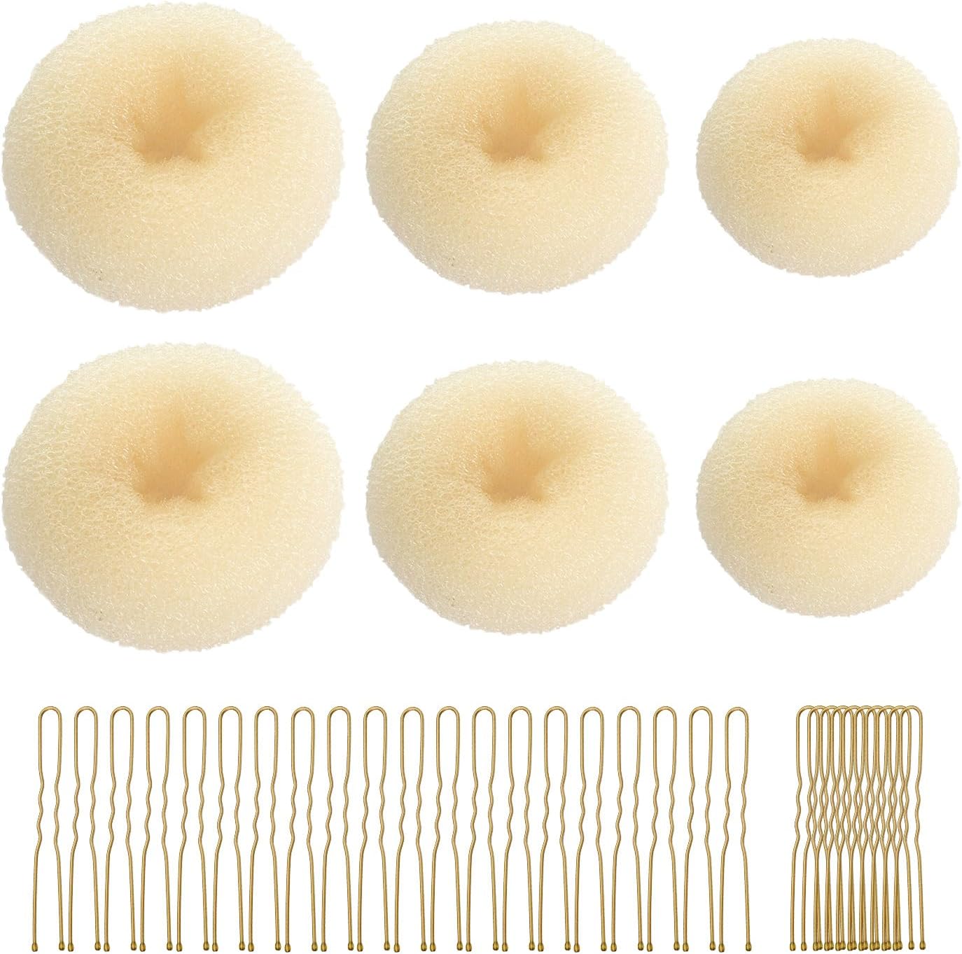 CORTNEY Hair Donuts for Buns Maker Set, 6 Pcs Beige Hair Bun Ring Maker, 30 Pcs Blonde U Shaped Hair Pins, for Doughnuts Chignon Hair Styles, Ballet Dancers Kids Girls and Women