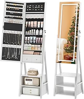 VECELO Jewelry Cabinet with Lights, 63" Full Length Mirror with Jewelry Storage, Lockable Standing Jewelry Mirror Cabinet, 3 Colors Mode, Powered By USB, White
