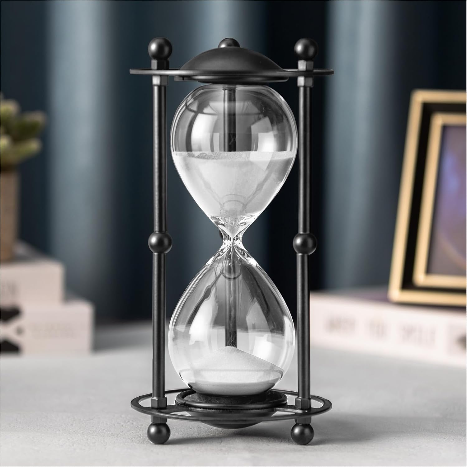 Hourglass Timer 60 Minute, Black Metal Sand Timer, White
