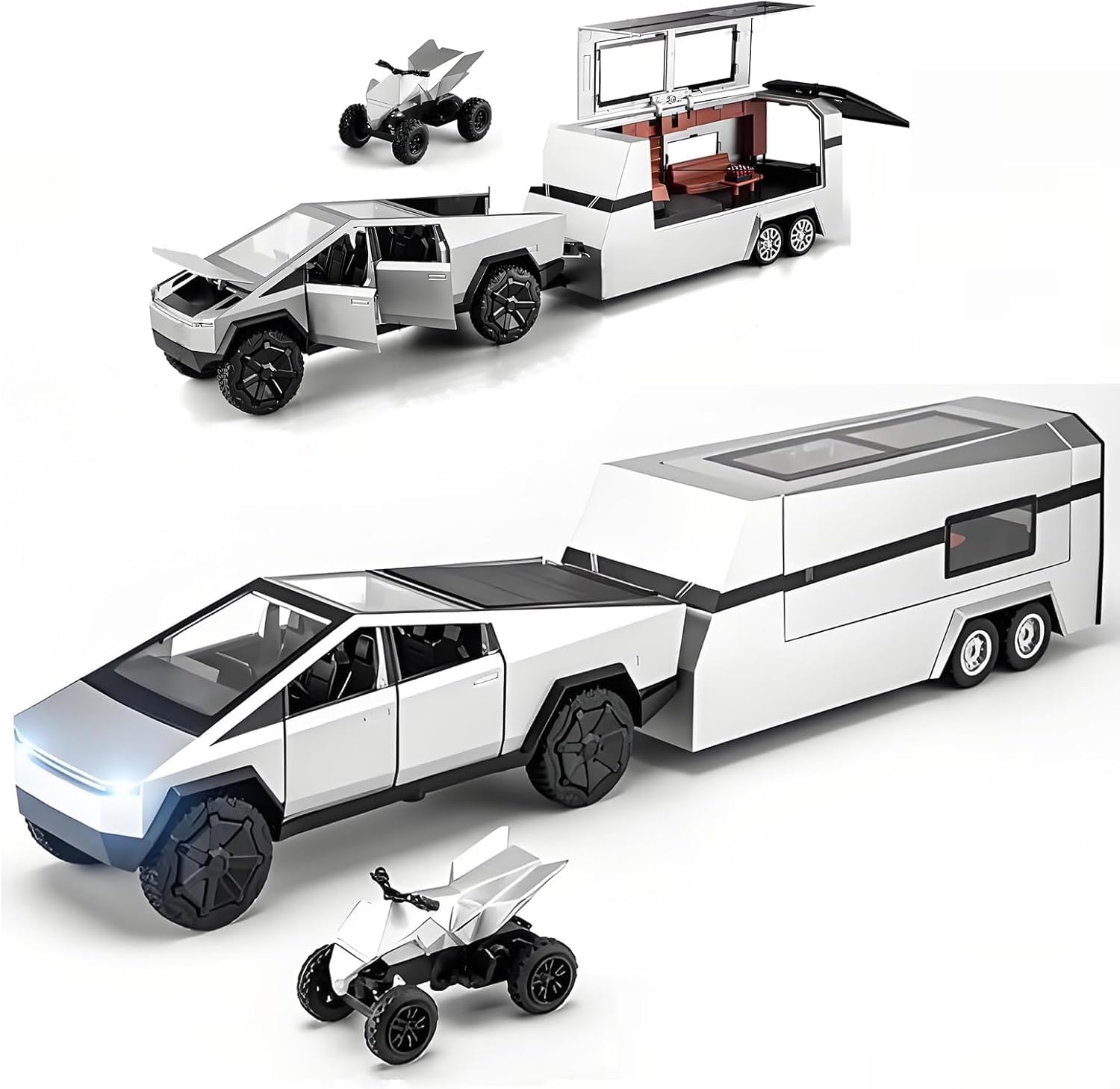 Cyber Truck Toy - 1/32 Diecast Cybertruck Models with Trailer RV, Metal Pick-Up Toys, Dark Gray Versions with Pull Back Features – For Tesla Cybertruck Toy Gifts for Collection and Birthday (Silver)