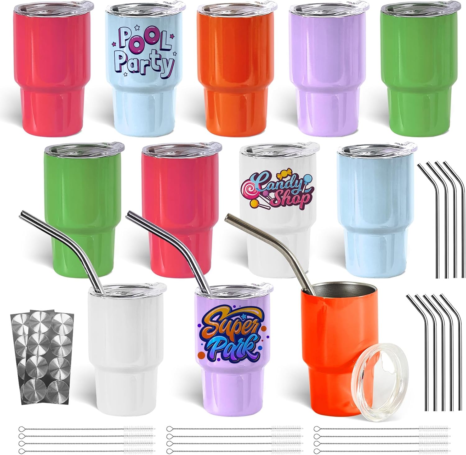 ColorSub 3 oz Sublimation Shot Glasses Wine Tumblers, Stainless Steel Double Wall Mini Insulated Sublimation Mix Color Cups Set with Lid, Metal Straw, Brush 12 Pack
