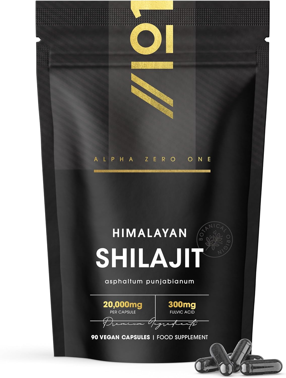 Himilayan Shilajit Capsules 20,000mg - 60% Fulvic Acid - 90 Vegan Capsules - High Strength Shilajit Resin Supplement (3 Months Supply) - Resealable and Recyclable Pouch by Alpha01