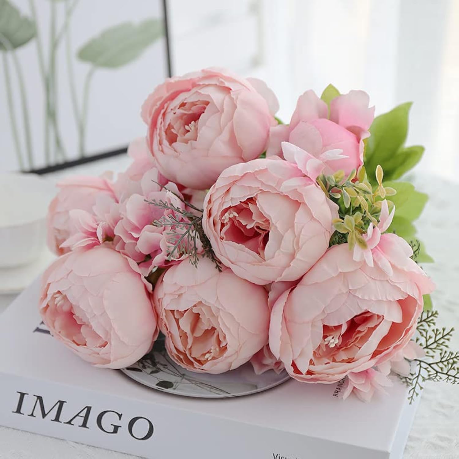 1 Pack Artificial Peony Bouquet, 19'' Silk Big Peonies Faux Flowers with Buds for Wedding Home Party Office Decor, Table Centerpieces, DIY Floral Arrangements, Spring Rose Pink