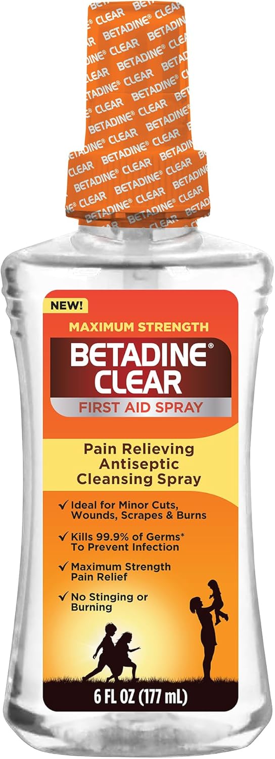 Betadine Clear First Aid Spray, Max Strength Pain Relieving Antiseptic Cleansing Spray, No Stinging, Kills 99.9% of Germs*, Helps Prevent Infections, 6 oz