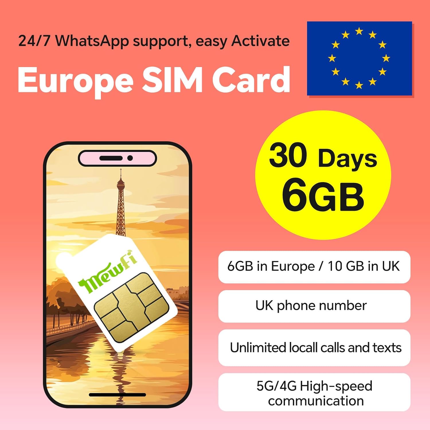 UK SIM Card 30Days 10GB / Europe SIM Card 30Days 6GB, Unlimited Local Calls and SMS, Applicable to 72 Countries, Support 4G/5G Operating Networks, Unlimited Speed UK Three SIM Card.