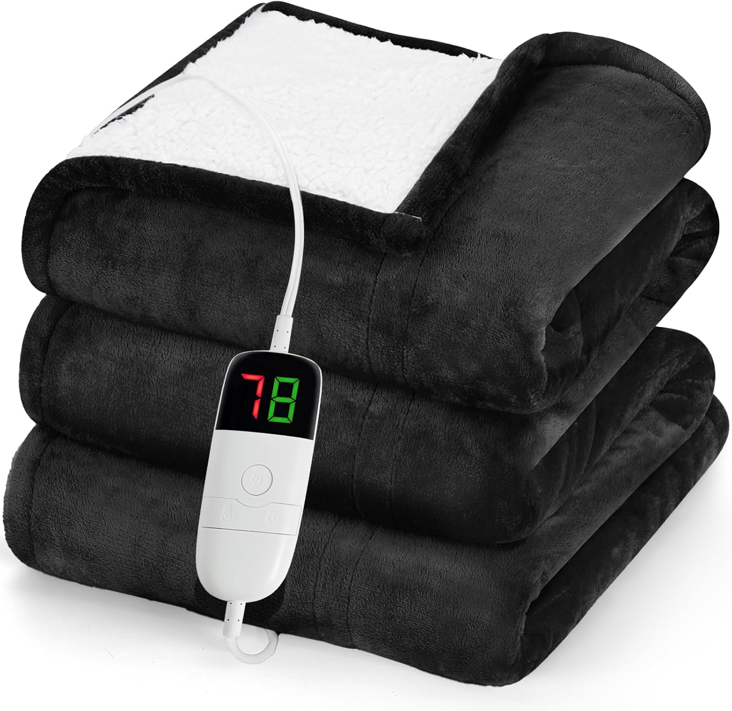 greenoak Heated Blanket Electric Throw 50"X60", Heating Blanket with 10 Heat Levels 1/2/4/6/8 Hours Auto-Off Overheat Protection, Flannel Sherpa Soft Warm Heater, ETL Certified Lacquered Black