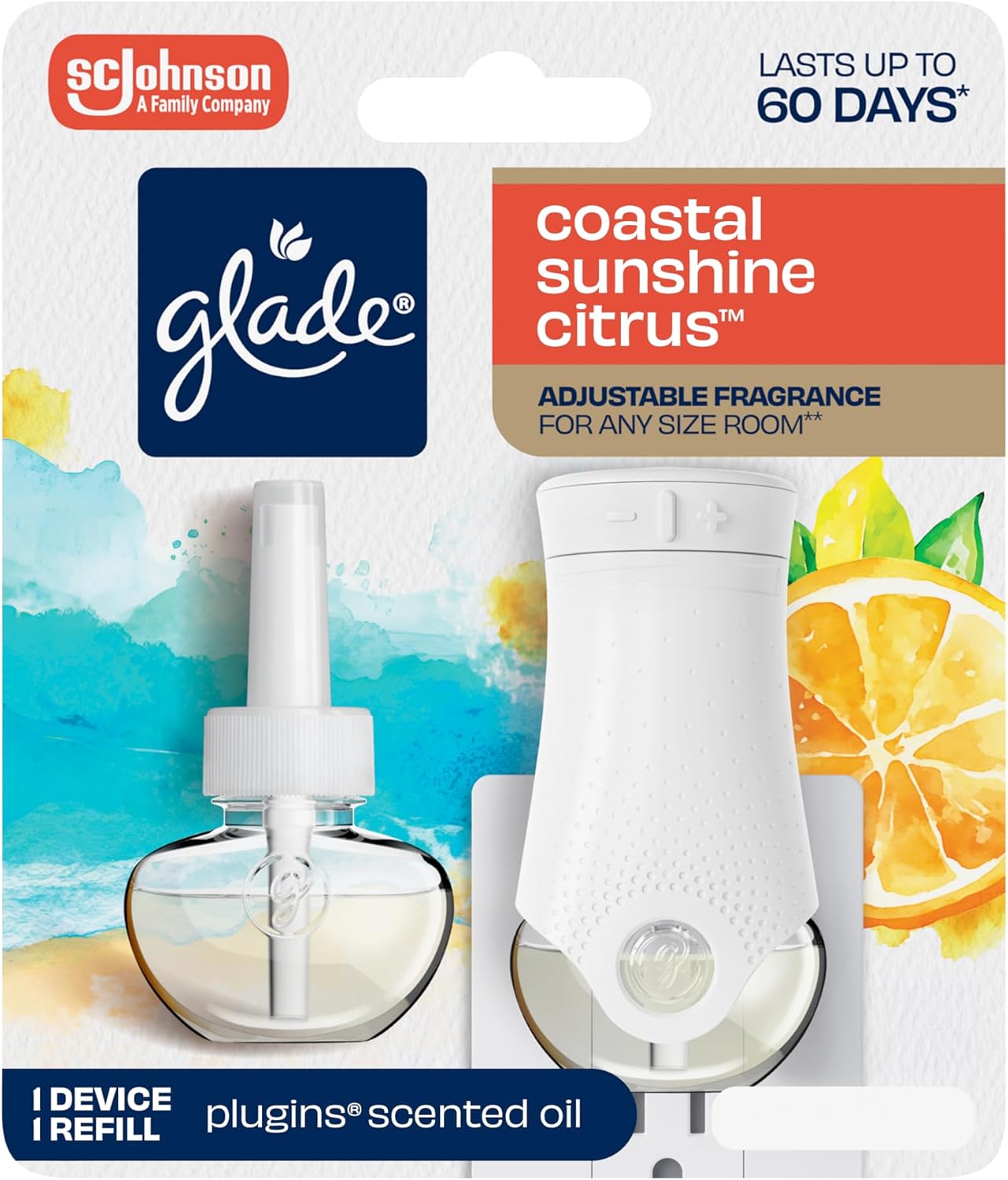 Glade PlugIns Refills Air Freshener Starter Kit, Scented Oil for Home and Bathroom, Coastal Sunshine Citrus, 0.67 Fl Oz, 1 Warmer + 1 Refill