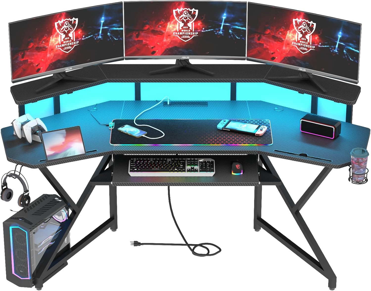 72" Gaming Desk with Power Outlet & Led Strip, Large Wing-Shaped Computer Desk w Monitor Stand & Keyboard Tray & RGB Mouse Pad, Studio Desk w Storage Shelf Headphone Hook Cup Holder