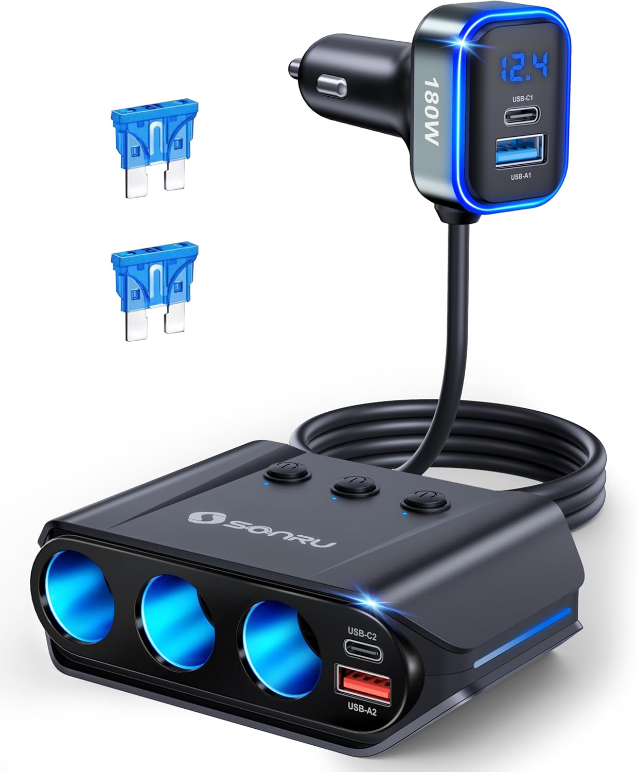 7 in 1 Cigarette Lighter Splitter, 180W [Dual PD & QC 3.0] Car Charger Adapter, 12V/24V Car USB Adapter Multi Socket with Voltmeter Fast Charging for iPhone 16/15/14 Samsung Galaxy Laptop Car Devices