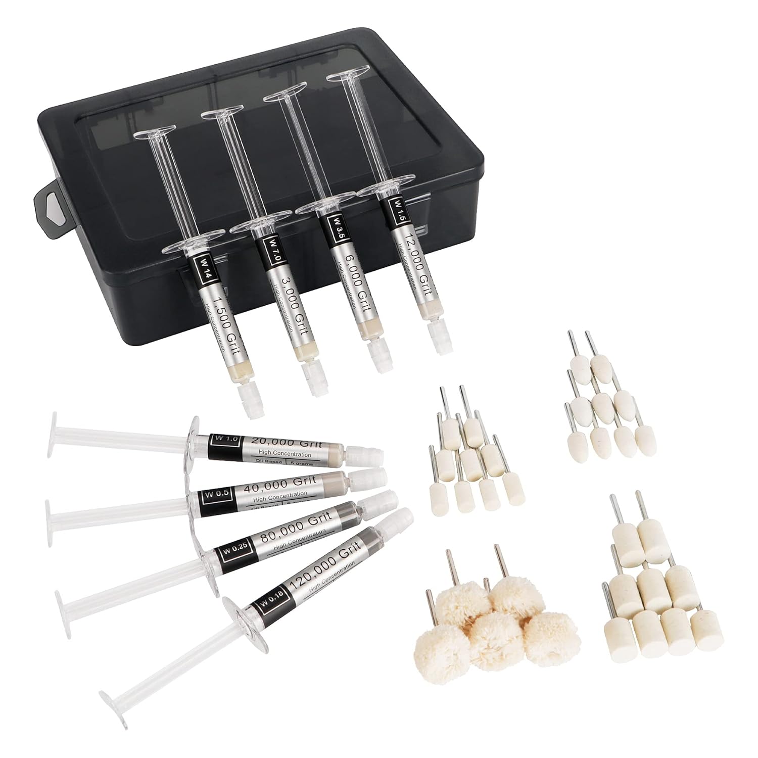 40 Pcs Diamond Paste Polishing Kit with 32 Grinding Buffing Bits, 8 Oil Based Lapping Compound 1,500- Ultra Fine 120,000 Grit with Box for Metal/Coin/Stone/Jewelry/Ring Polishing
