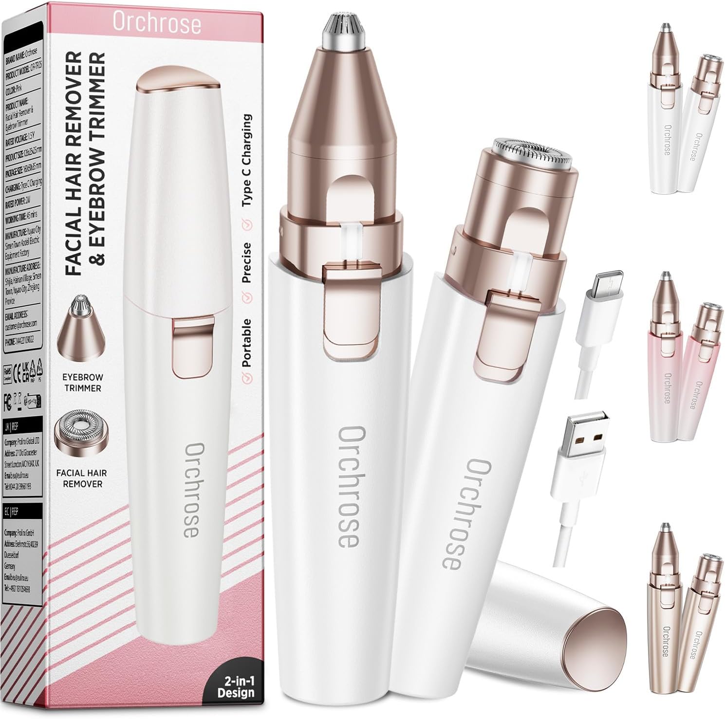 Orchrose Facial Hair Remover Eyebrow Trimmer: Portable Rechargeable 2 in 1 Face Shaver for Women - Painless Electric Hair Removal Device for Face Eyebrows Peach Fuzz Lips with Light (Pearl White)