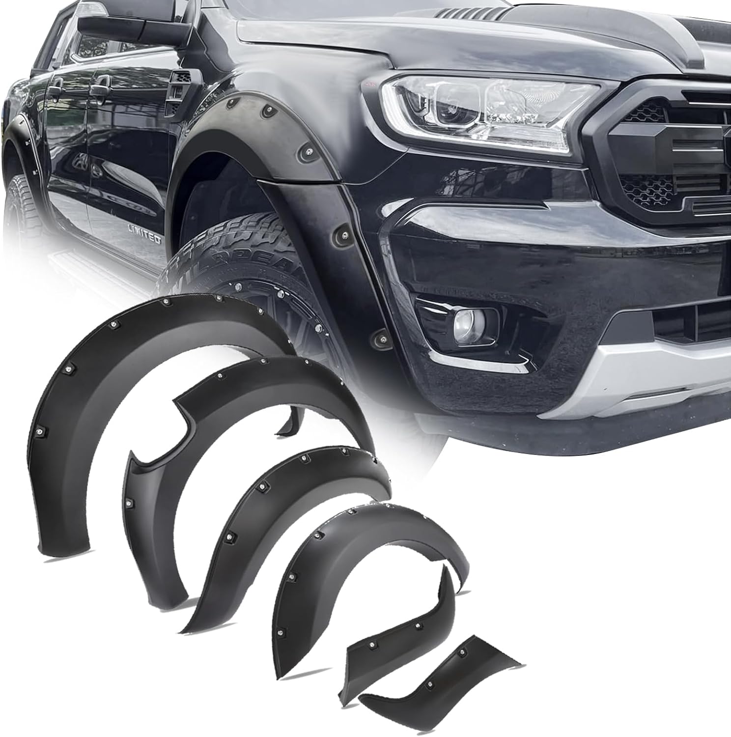 Wheel Arches For Ford Ranger 2019-2022 T8 Wide Wheel Accessories | Kits Fender Flares Body Styling Rivet Trim Fitting 28MM Extra Tyre Coverage (Wildtrak Limited XLT XL Stormtrak Wolftrak)