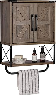 RUSTOWN Farmhouse Rustic Medicine Cabinet with Two Barn Door,Wood Wall Mounted Storage Cabinet with Adjustable Shelf and Towel Bar, 3-Tier Cabinet for Bathroom, Living Room(Washed Oak)