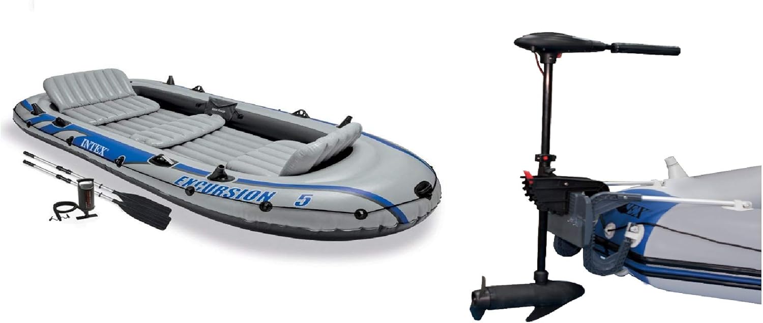 Intex Excursion 5 Inflatable 5 Person Boat and Accessories Set for Outdoor Fishing and Boating Bundled with 8 Speed Transom Mount Trolling Motor
