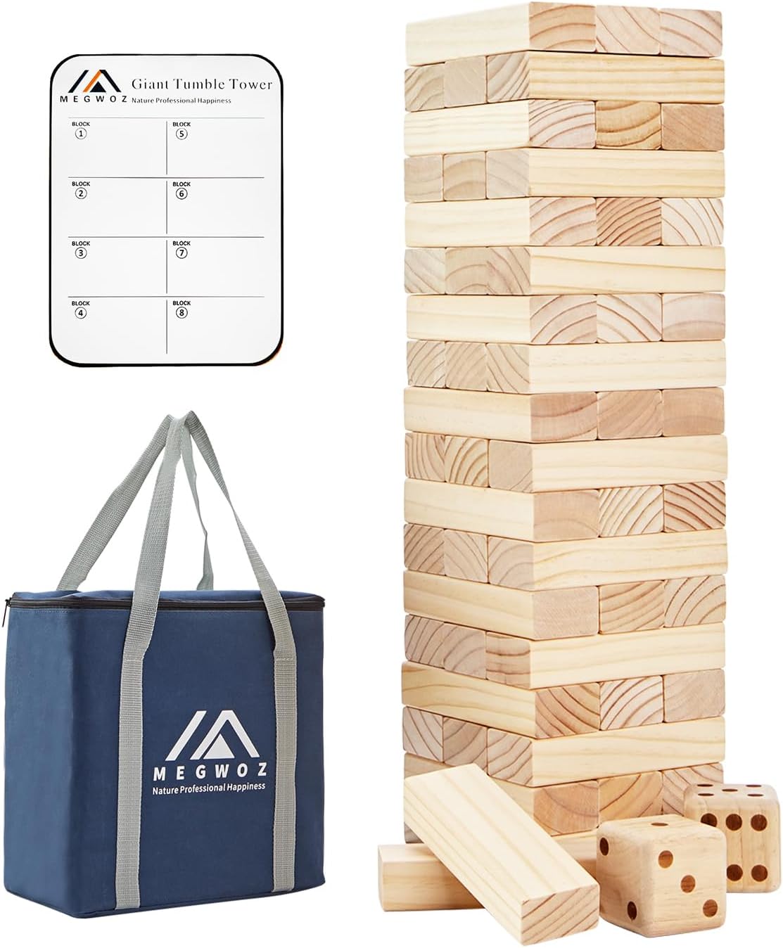 Megwoz Giant Tumble Tower Games for Kids and Adults 57 Blocks New Zealand Pine Wooden Blocks Stacking to Over 4.2FT Family Game for Indoors Outdoors Yard Games for Family