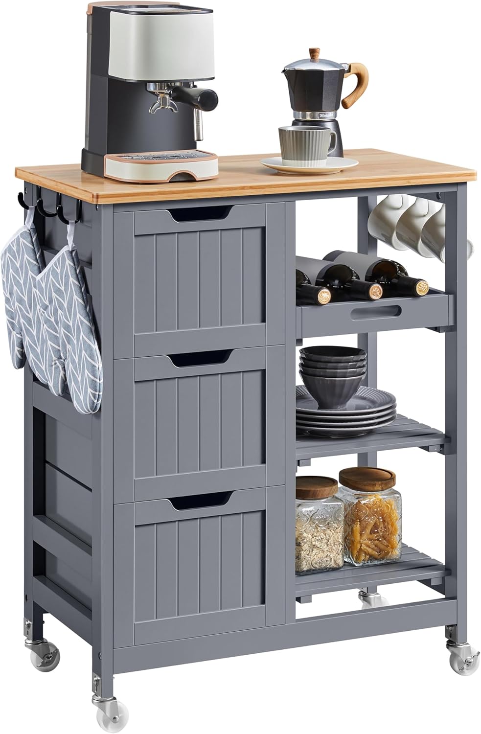 Yaheetech Kitchen Storage Trolley on Wheels, Rolling Kitchen island Cart with 3 Drawers and 3 Shelves, Mobile Storage Sevring Trolley Cart for Dining Room, Living Room, Bar, Dark Gray
