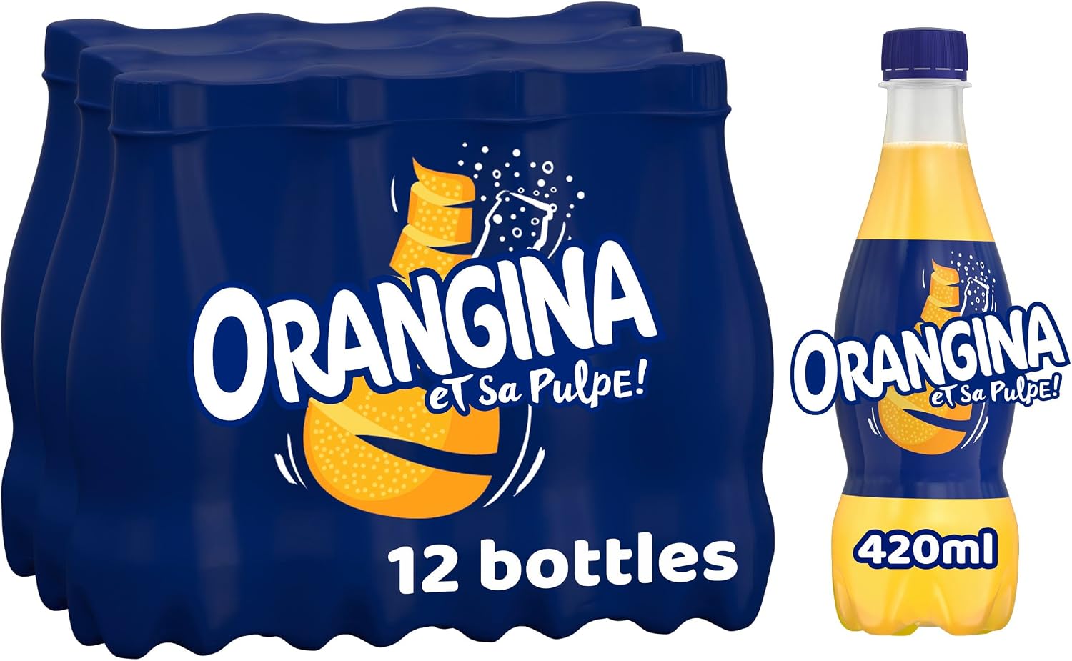 Orangina Sparkling Fruit Drink; Multipack of 12x 420ml bottles; contains a blend of citrus juices, real orange pulp and orange zest
