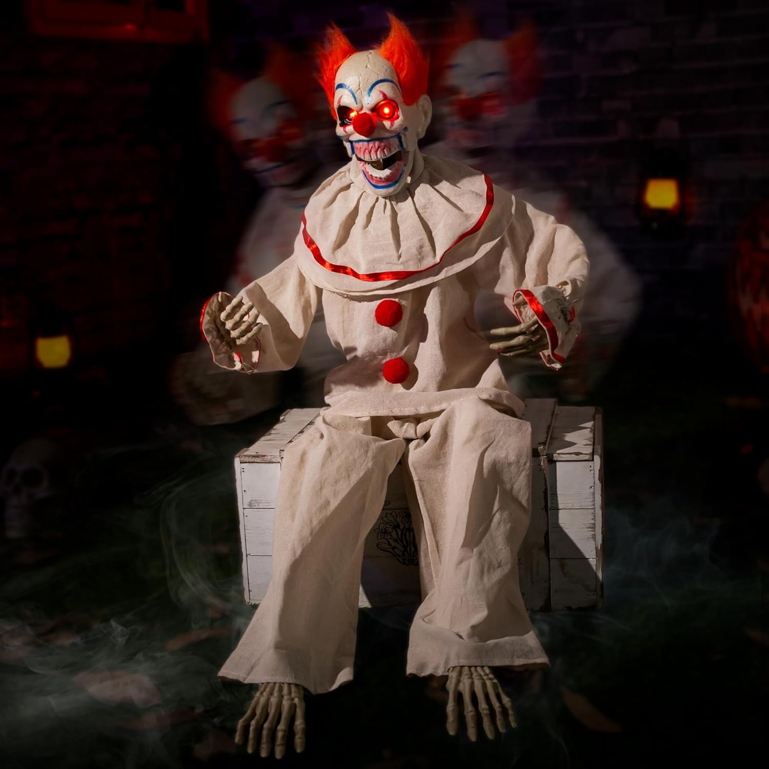 Halloween Animatronic Sitting Clown, Halloween Animated Decorations with Sound Activated, Creepy Sound, Light Up Eyes, Scary Move, Haunted House Holiday Spooky Decor Horror Prop, for Indoor Outdoor