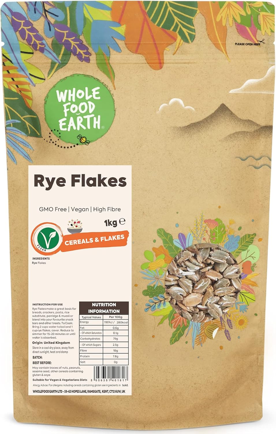 Whole Food Earth® - Rye Flakes 1 kg | GMO Free | High Fibre