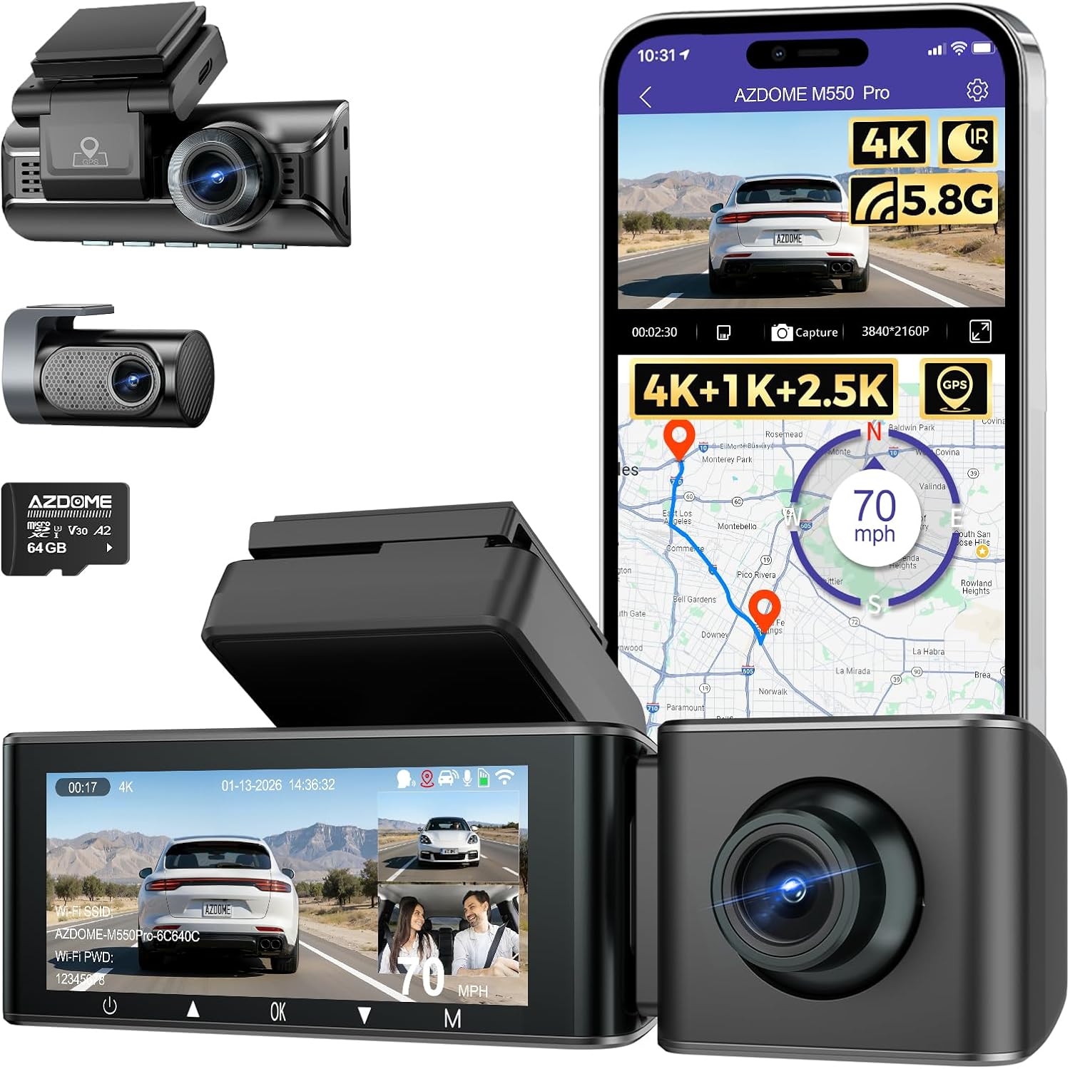 AZDOME 3 Channel Dash Cam Front and Rear Inside, 4K+1080P+2.5K ADAS Dash Cam, 3.19'' IPS Car Camera, 5.8G WiFi GPS Dash Cam for Cars, Voice Control, Night Vision, 24/7 Parking Mode, 64GB Card M550 Pro