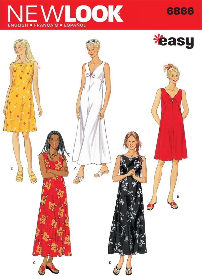 New Look N6866 Women's Dress Sewing Pattern, Neckline & Length Variations, Sizes S-XL