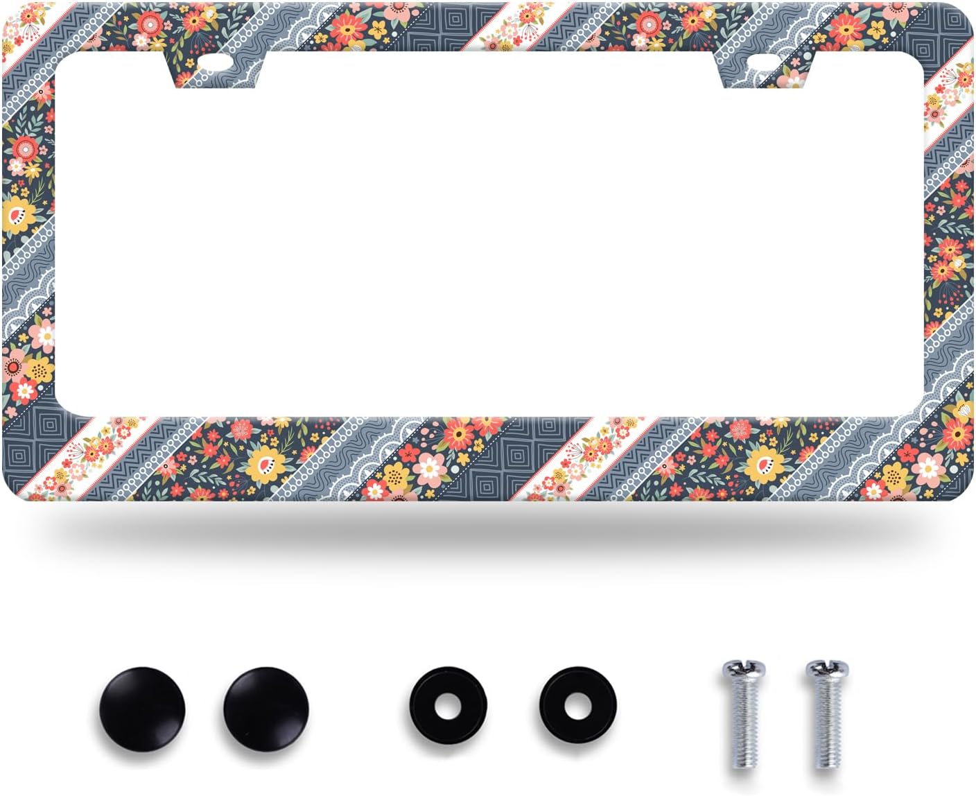 Cute Floral License Plate Frame Stainless Steel Car Accessory 12.3x6.3 Inch