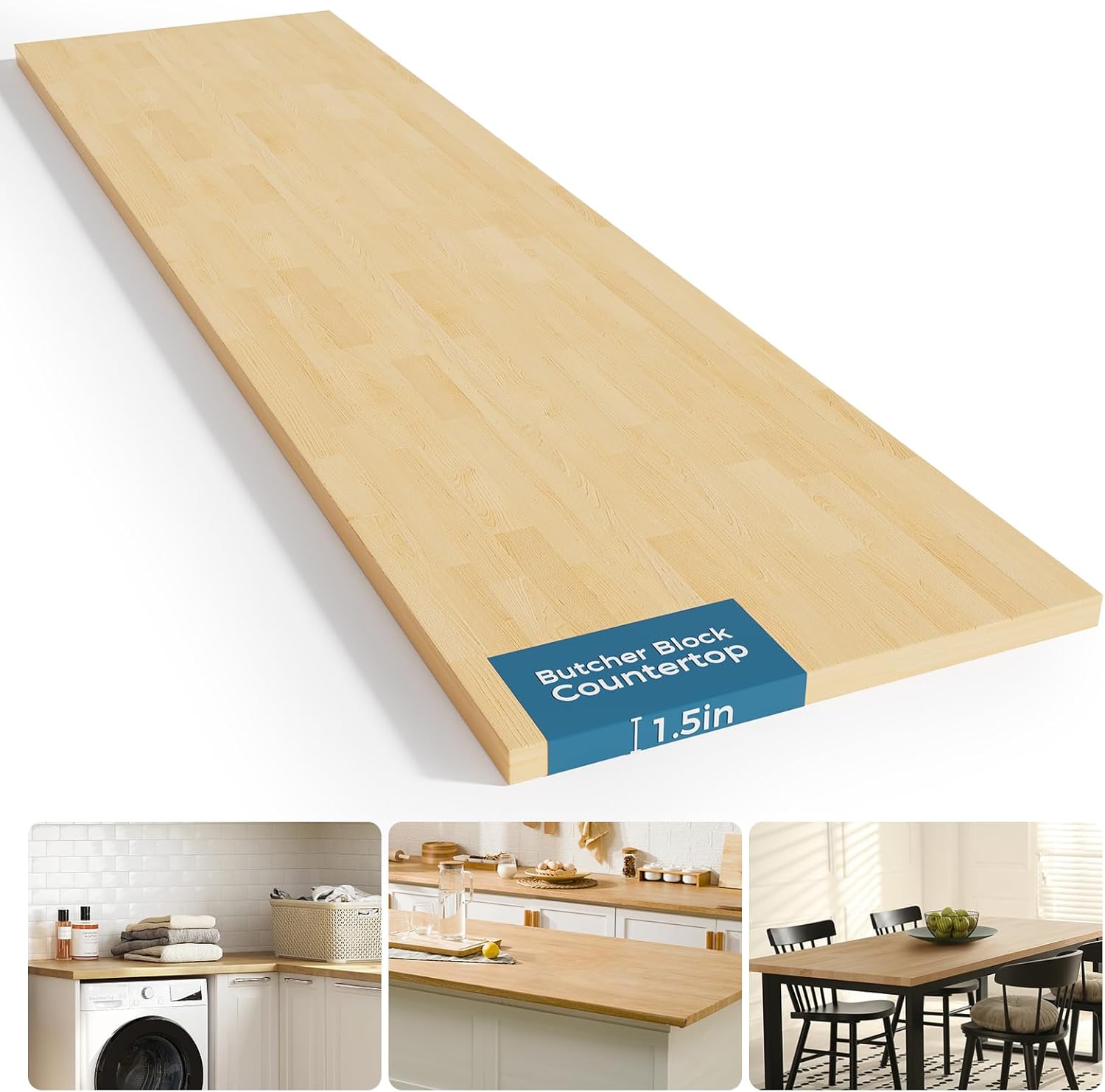 Solid Wood Butcher Block Countertop - Unfinished Birch Slab Counter Top Wooden Table Top for DIY Kitchen Island, Workbench, Washer Dryer, Coffee Bar Table 3ft, 36"x25"x1.5"