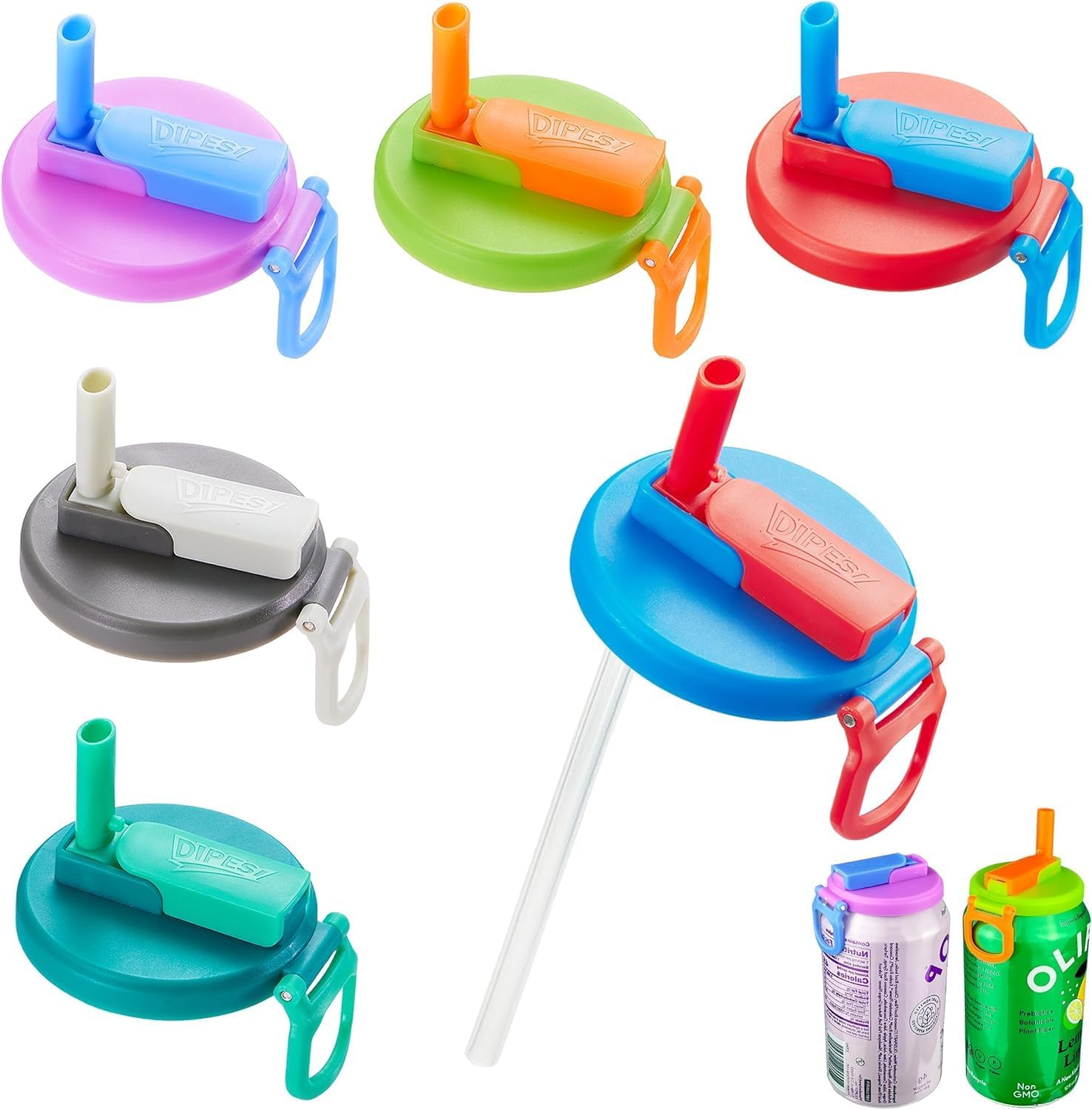 ORIGINAL CREATOR - DIPESI 6 pack 6 color Soda Can Lids with Straws, Reusable Silicone Straws Soda Can Covers, BPA-Free,Airtight Seal, Easy to Use, Prevents Spills, Fits Standard Cans.