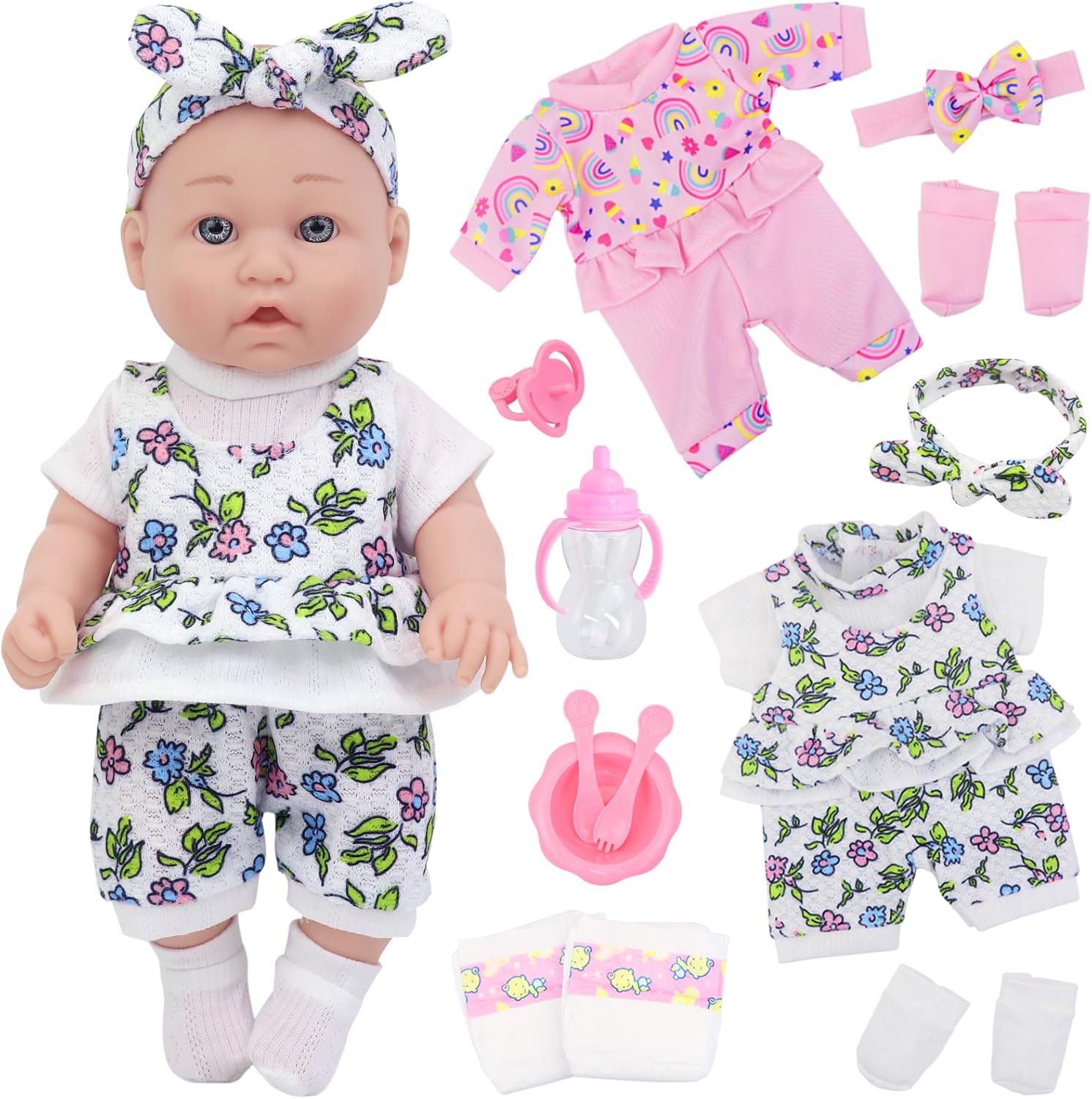 Ecore Fun 12 Inch Baby Doll with Clothes and Accessories,16 Pcs Reborn Alive Doll Playset Sets Include 12 Inch Doll,2 Sets of Clothes,Headband,Soft Socks,Tableware ,Feeding Bottle, Diapers,Nipple
