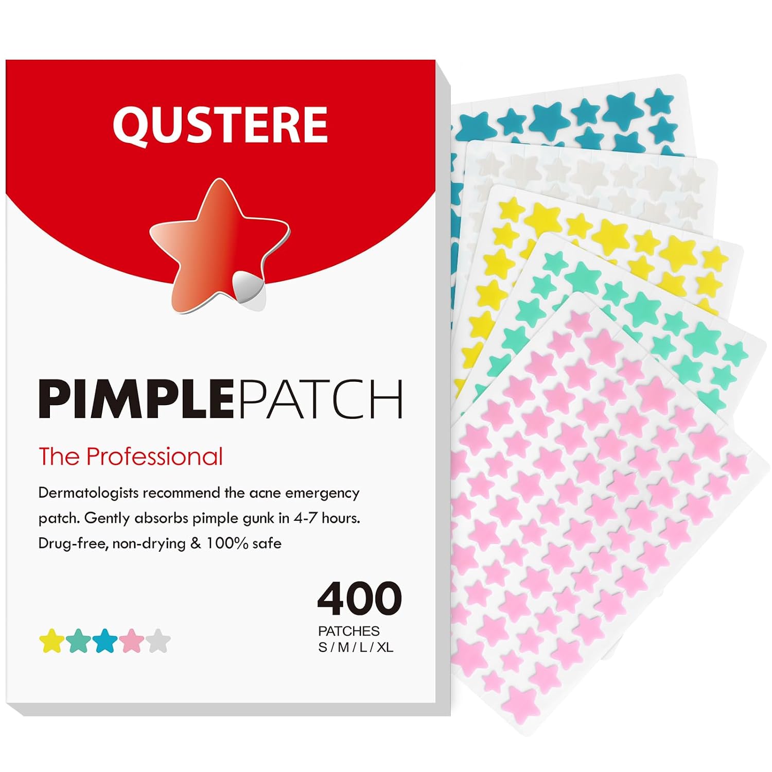 QUSTERE Pimple Patches for Face, Hydrocolloid Acne Patches, Cute Star Zit Covers, Colorful Spot Stickers with Tea Tree, Salicylic Acid & Cica Oil| 3 Sizes (10mm, 12mm & 14mm) |400 Count