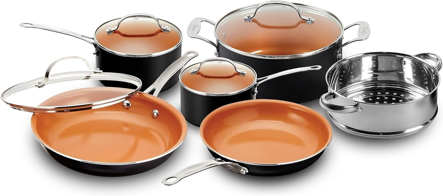 Gotham Steel 10 Piece Pots and Pans Set with Ultra Nonstick Diamond Surface, Includes Frying Pans, Stock Pots, Saucepans & More, Stay Cool Handles, Oven Metal Utensil & Dishwasher Safe, 100% PFOA Free