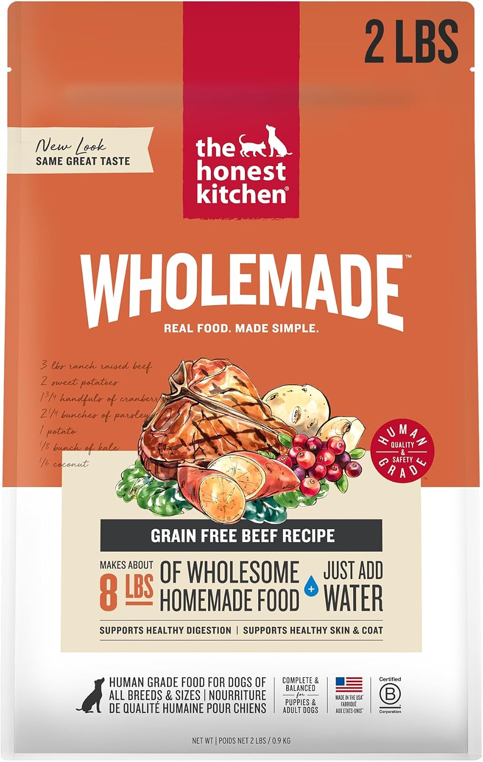 The Honest Kitchen Wholemade Grain Free Beef Recipe, Human Grade Dehydrated Dog Food, Just Add Water, Supports Healthy Digestion, Skin & Coat, Topper for Dry or Wet Dog Food, 2 lb Box Makes 8 lbs